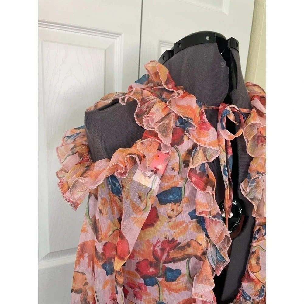 Aqua Pink Floral Cold Shoulder Butterfly Ruffle Open Back Romper • Size M 🗣